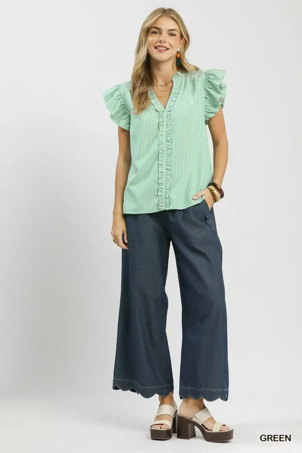 Umgee Ruffled Striped Cap Sleeve Top