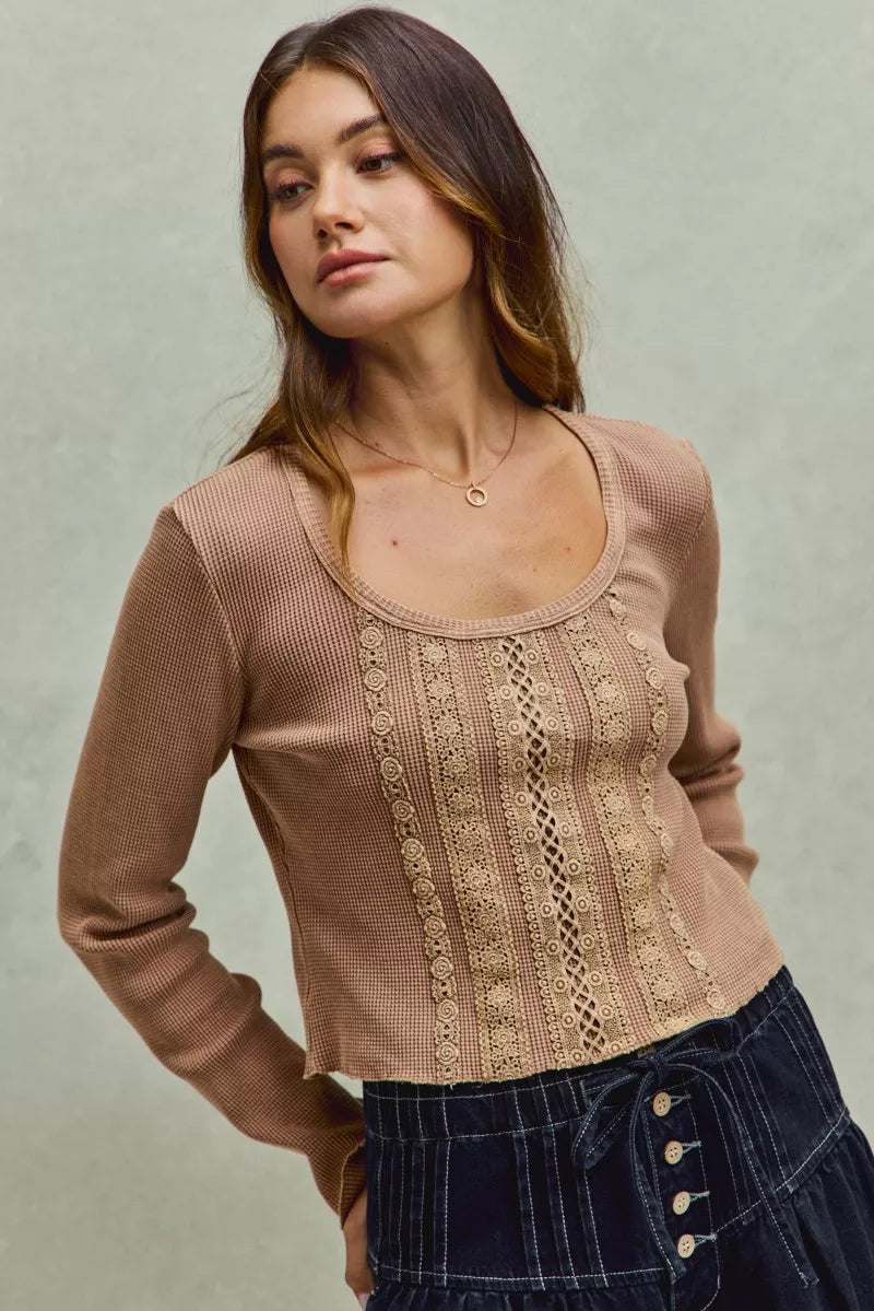 SO ME Vintage Washed Lace Crop Thermal Washed Knit Top