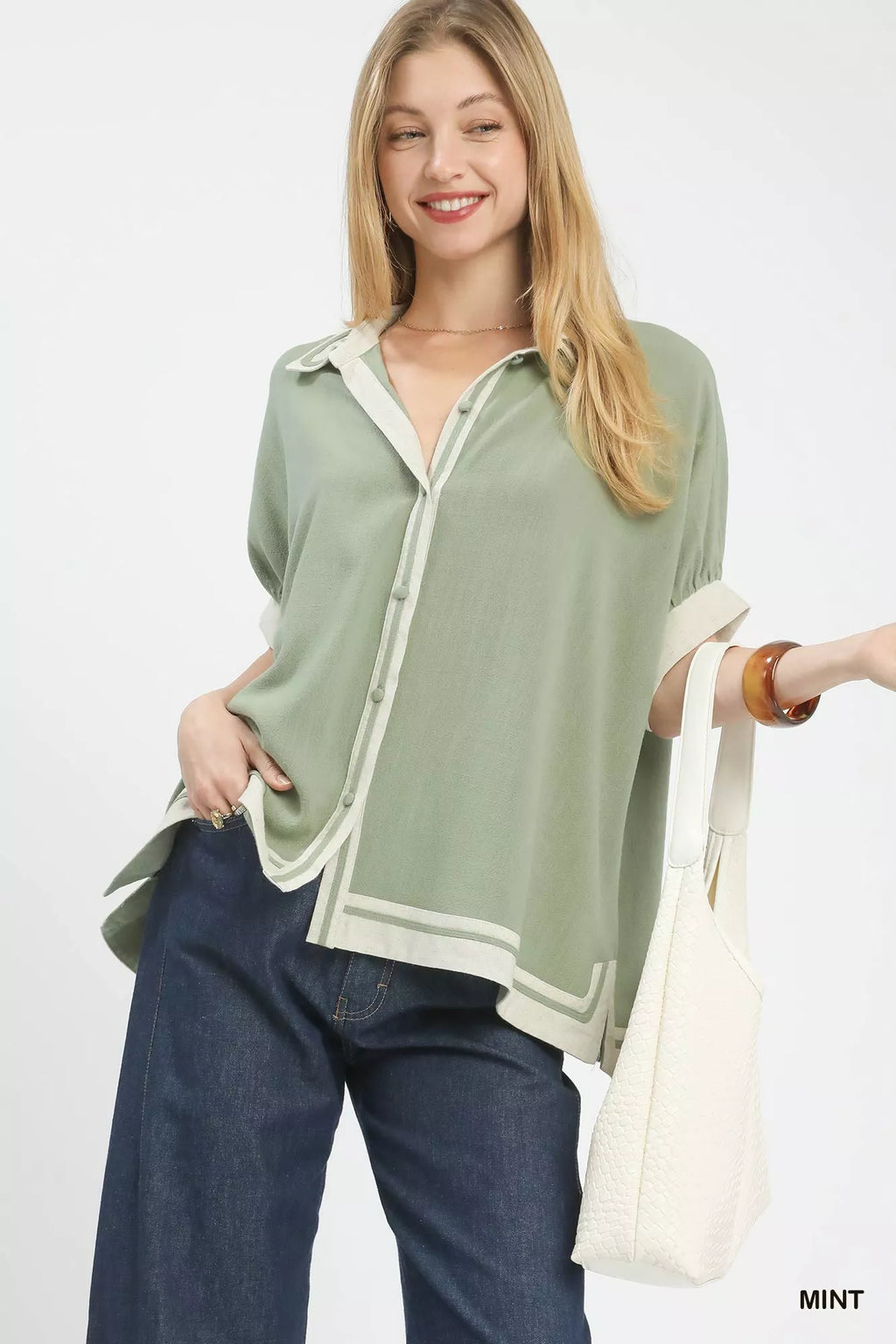Umgee Linen Button Front Top with Contrast Piping