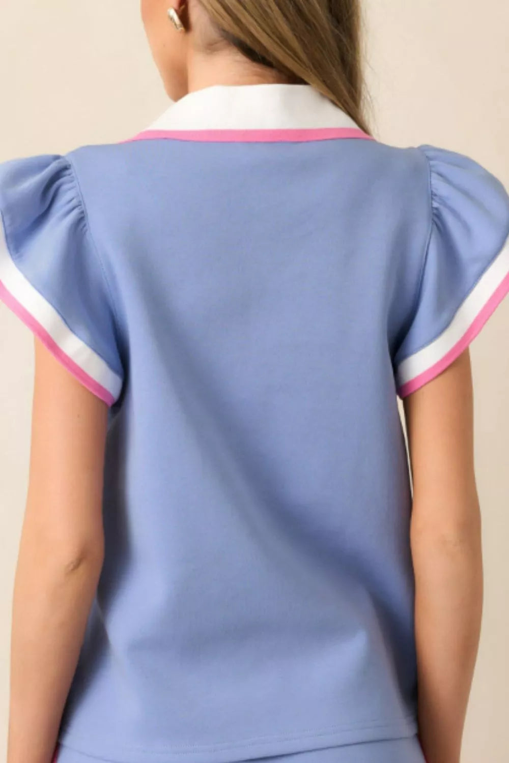 Striped Trim V Neck Polo Tee Drawstring Skirt Set