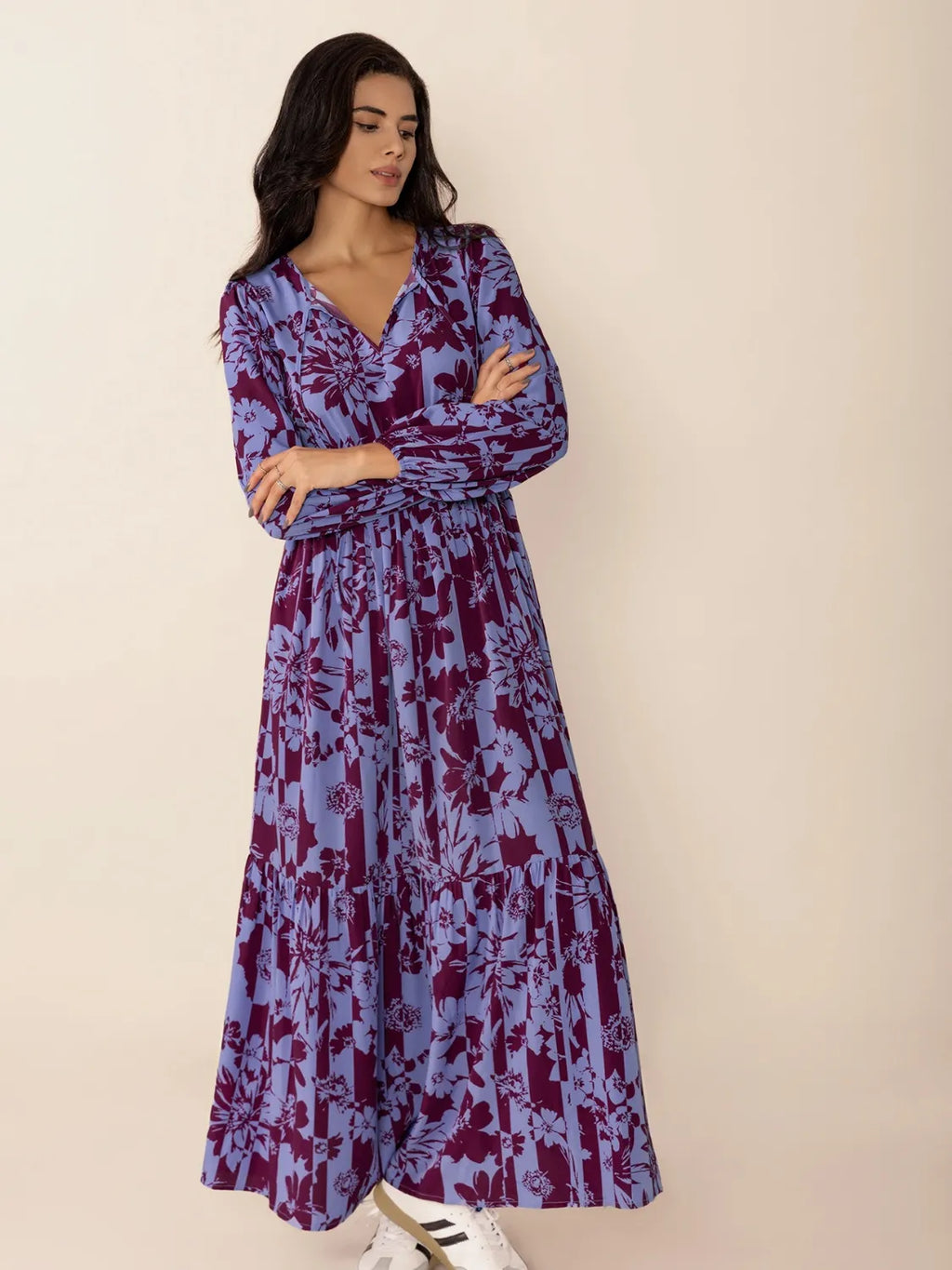 Printed Tie Neck Balloon Sleeve Maxi Dress