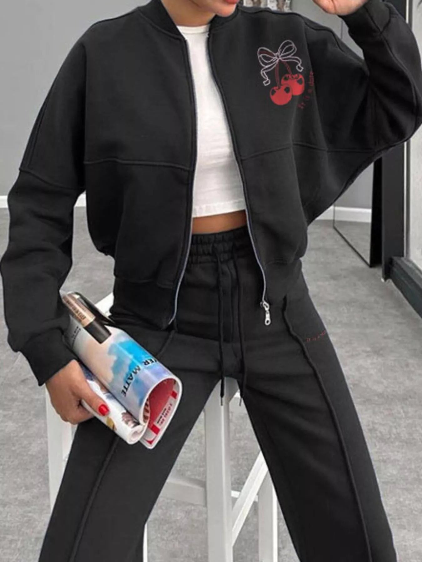 Zip Up Dropped Shoulder Outerwear and Pants Set