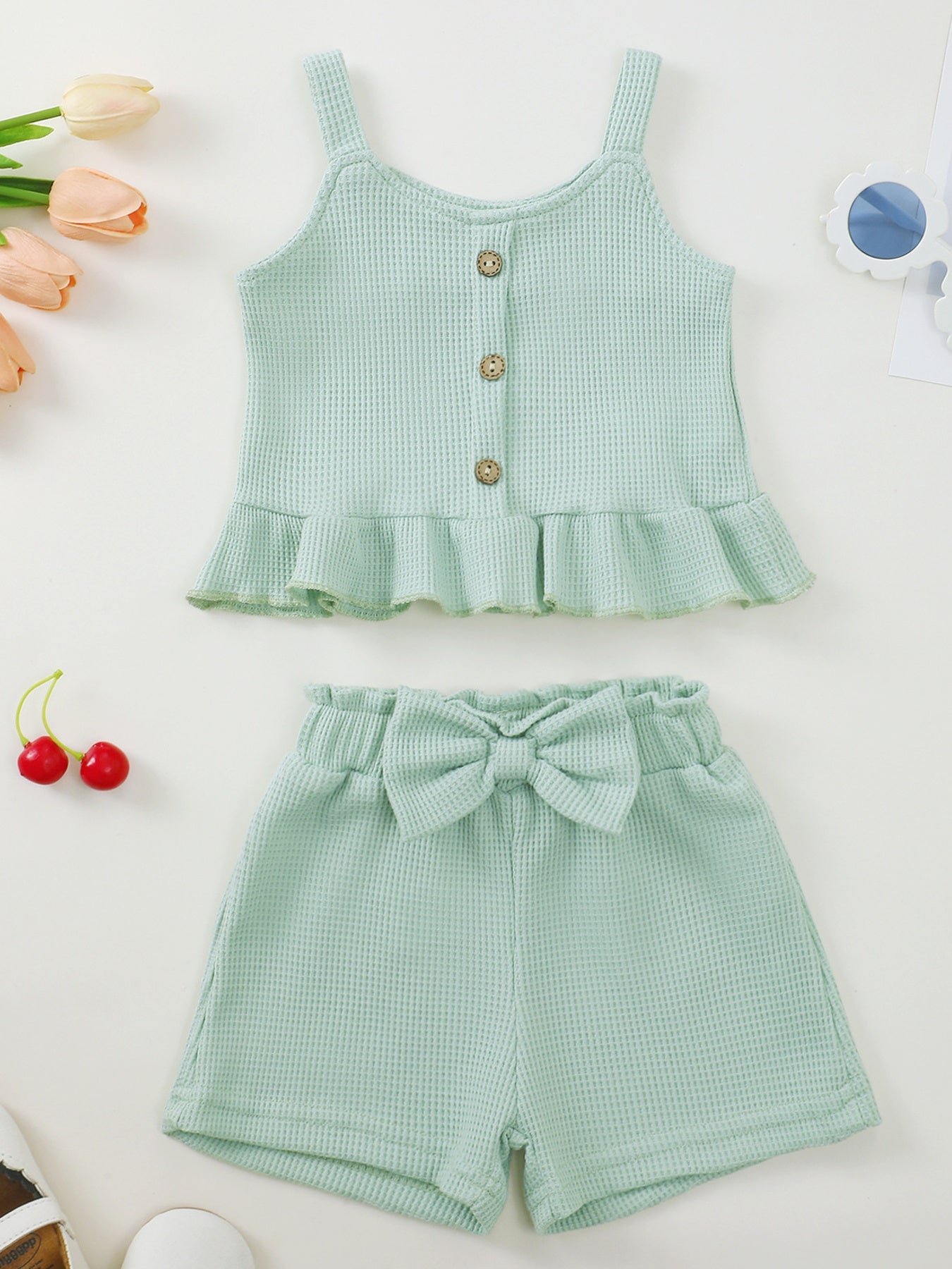 Children's Waffle Knit Tank Top and Bow Shorts Set
