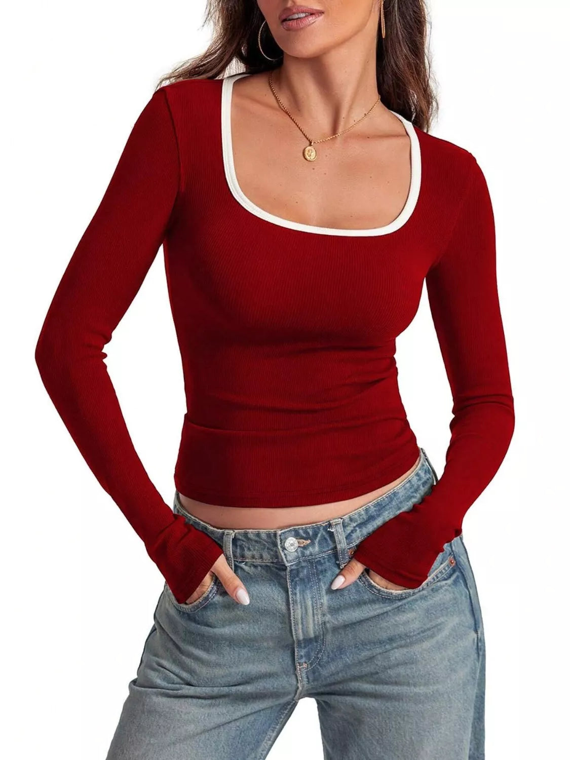 Contrast Trim Long Sleeve Top