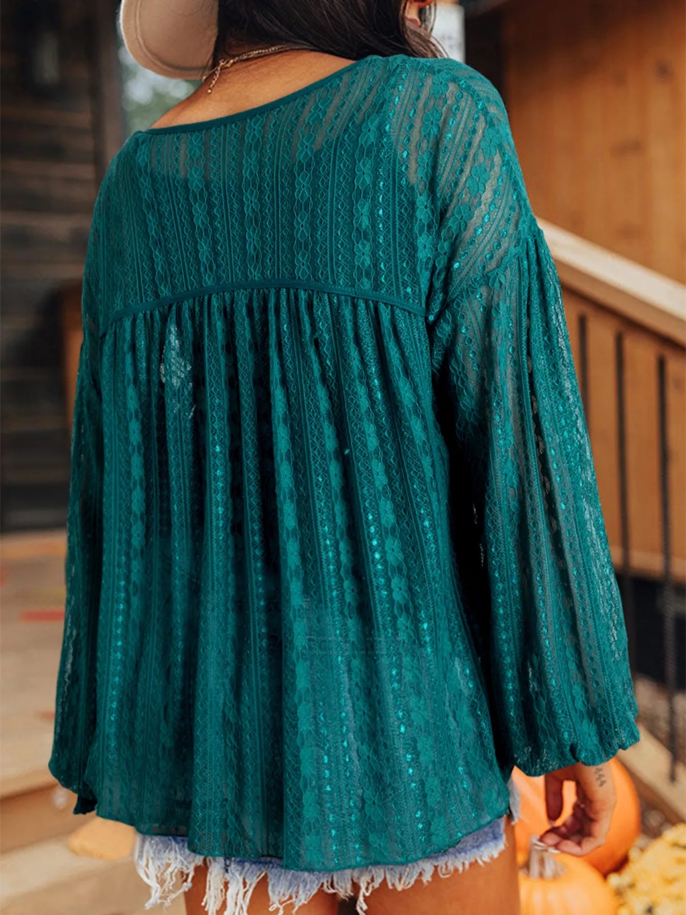 Lace Tie Neck Long Sleeve Blouse