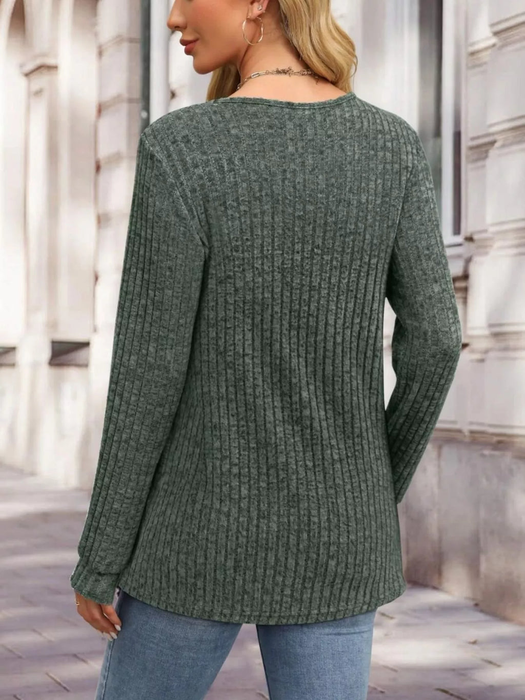 Ribbed Knit Button-Front Long Sleeve T-Shirt