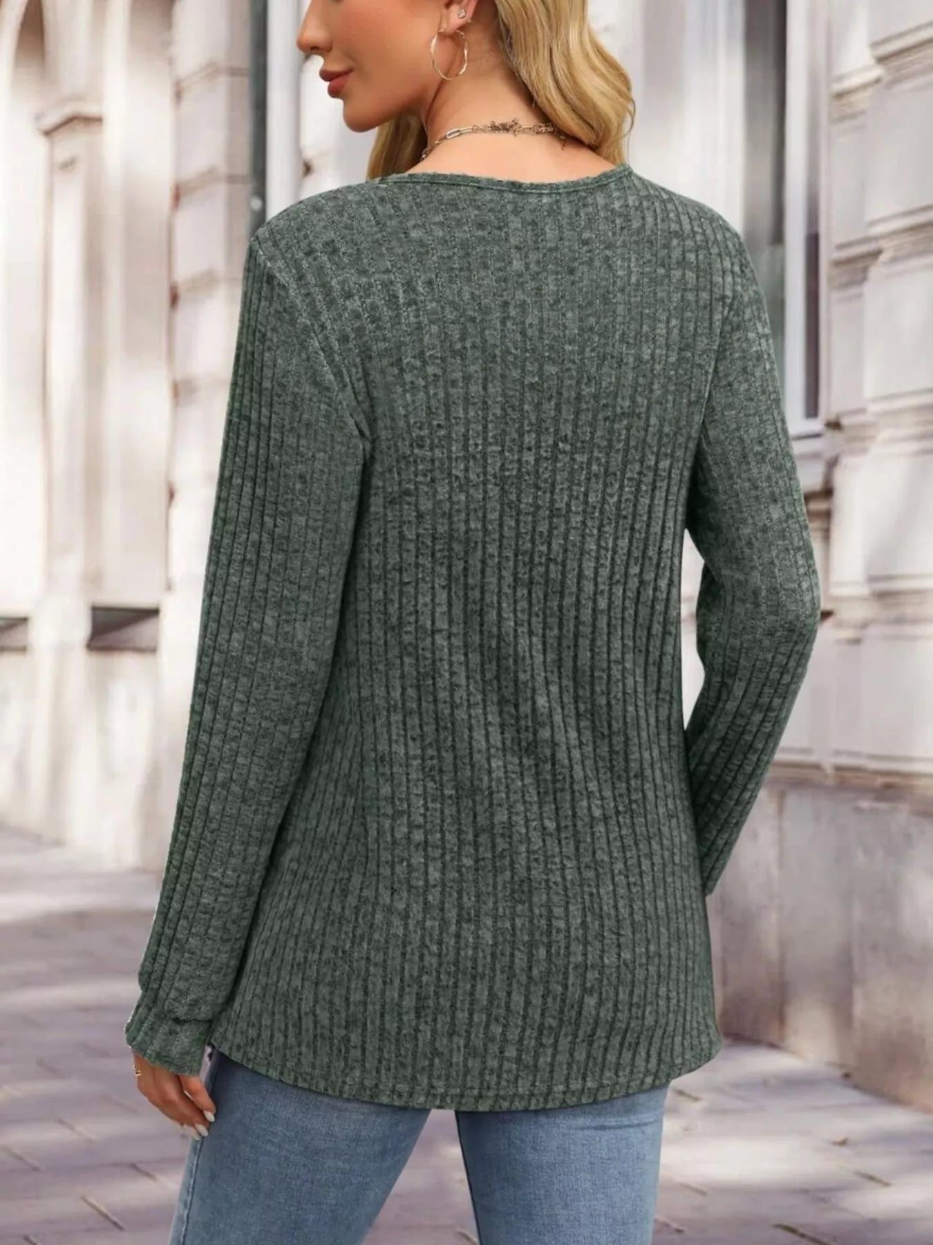 Ribbed Knit Button-Front Long Sleeve T-Shirt