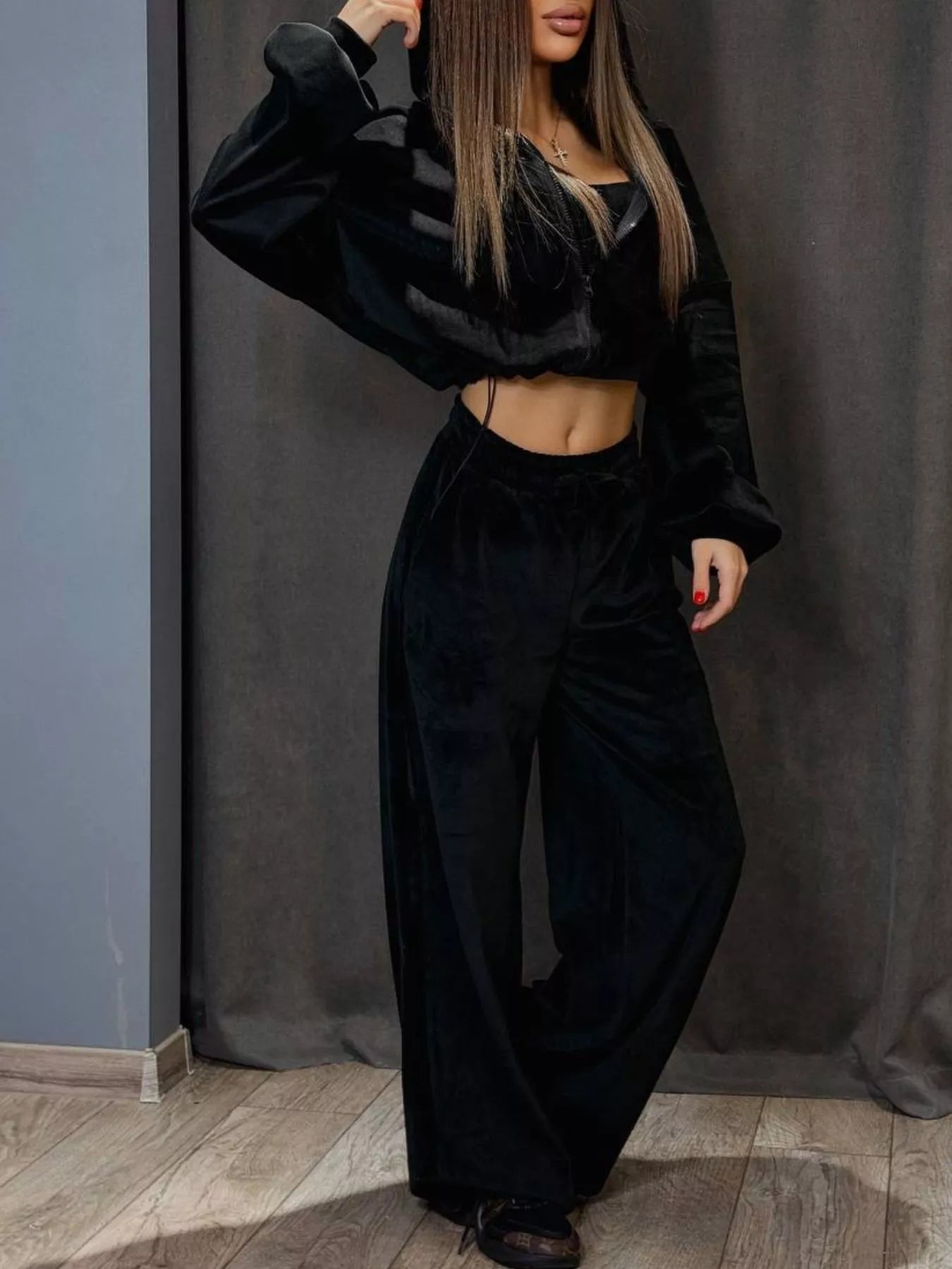Zip Up Cropped Outerwear and Pants Set
