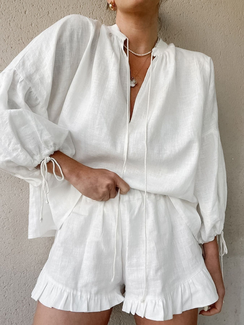 Tie Neck Balloon Sleeve Blouse and Shorts Set