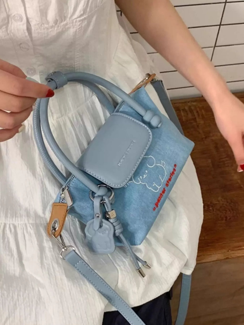 Puppy Embroidered Denim Handbag
