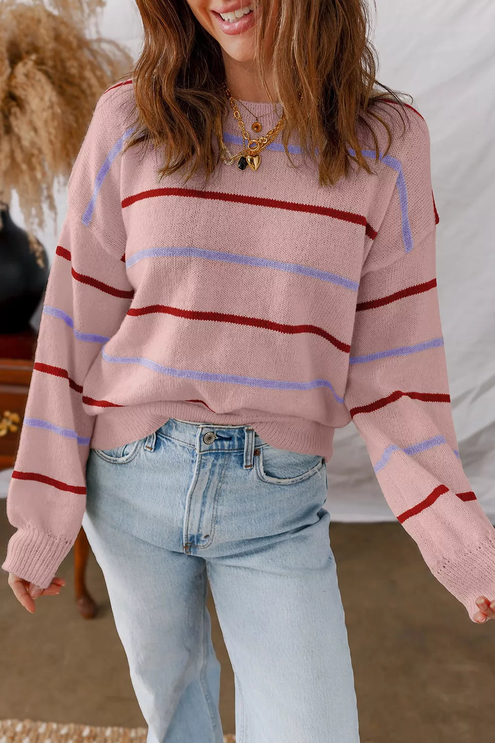 Striped Drop Shoulder Long Sleeve Sweater