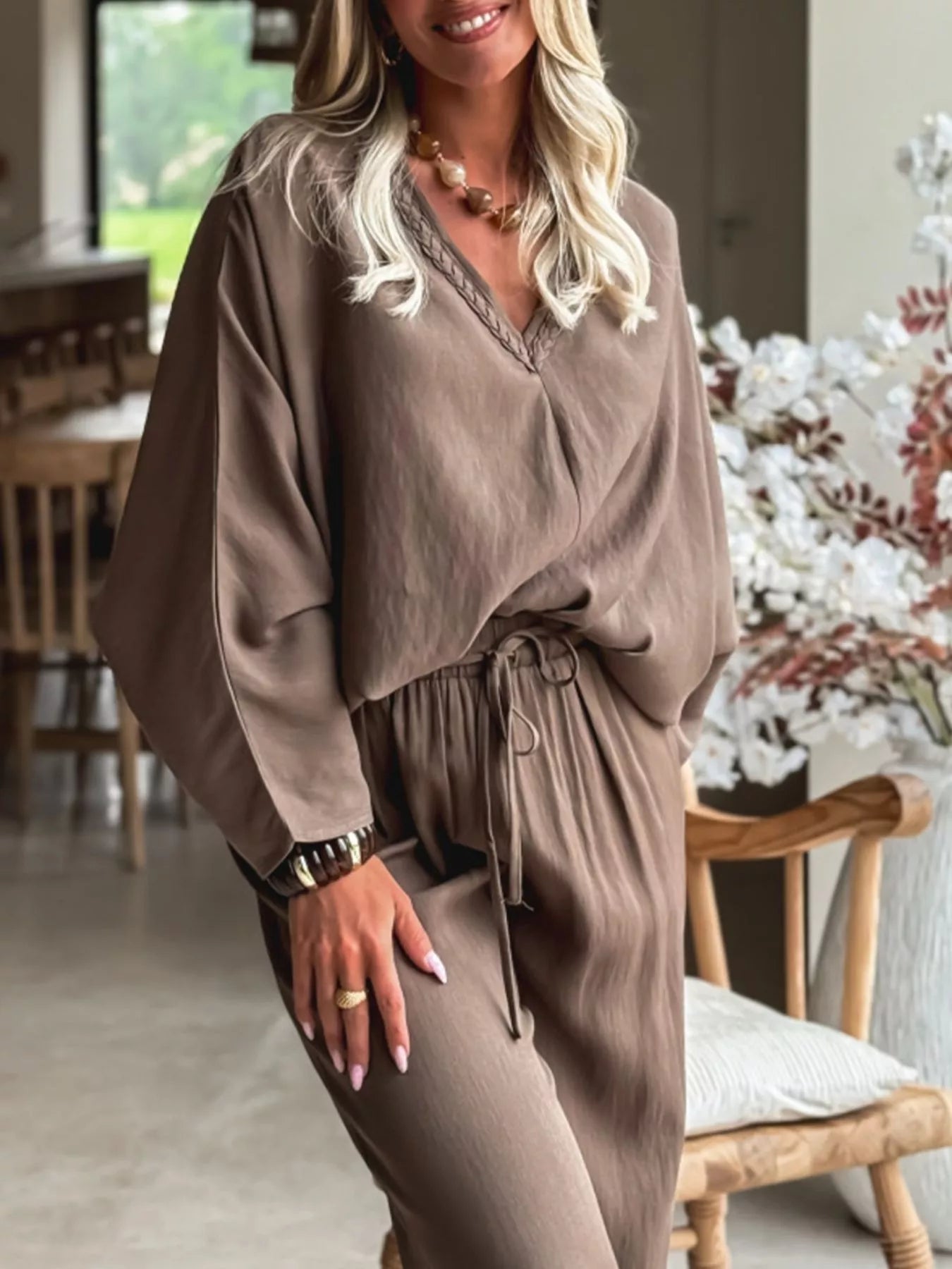 Braided V Neck Long Sleeve Loose Top and Drawstring High Waist Pants 2pcs Outfit