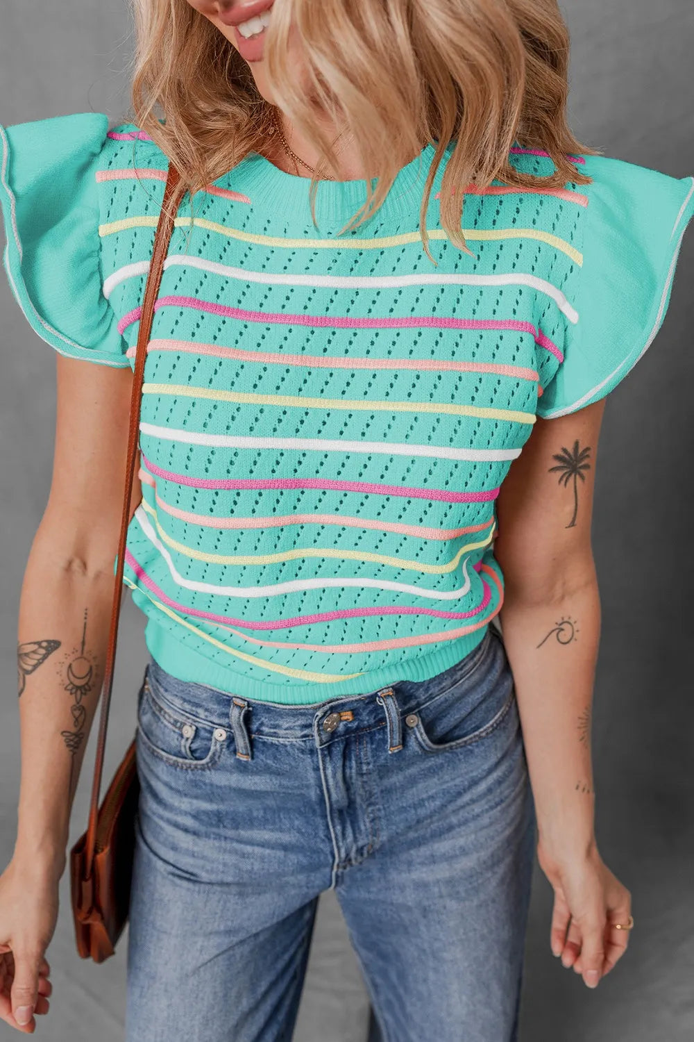 Ruffled Eyelet Striped Round Neck Cap Sleeve Knit Top