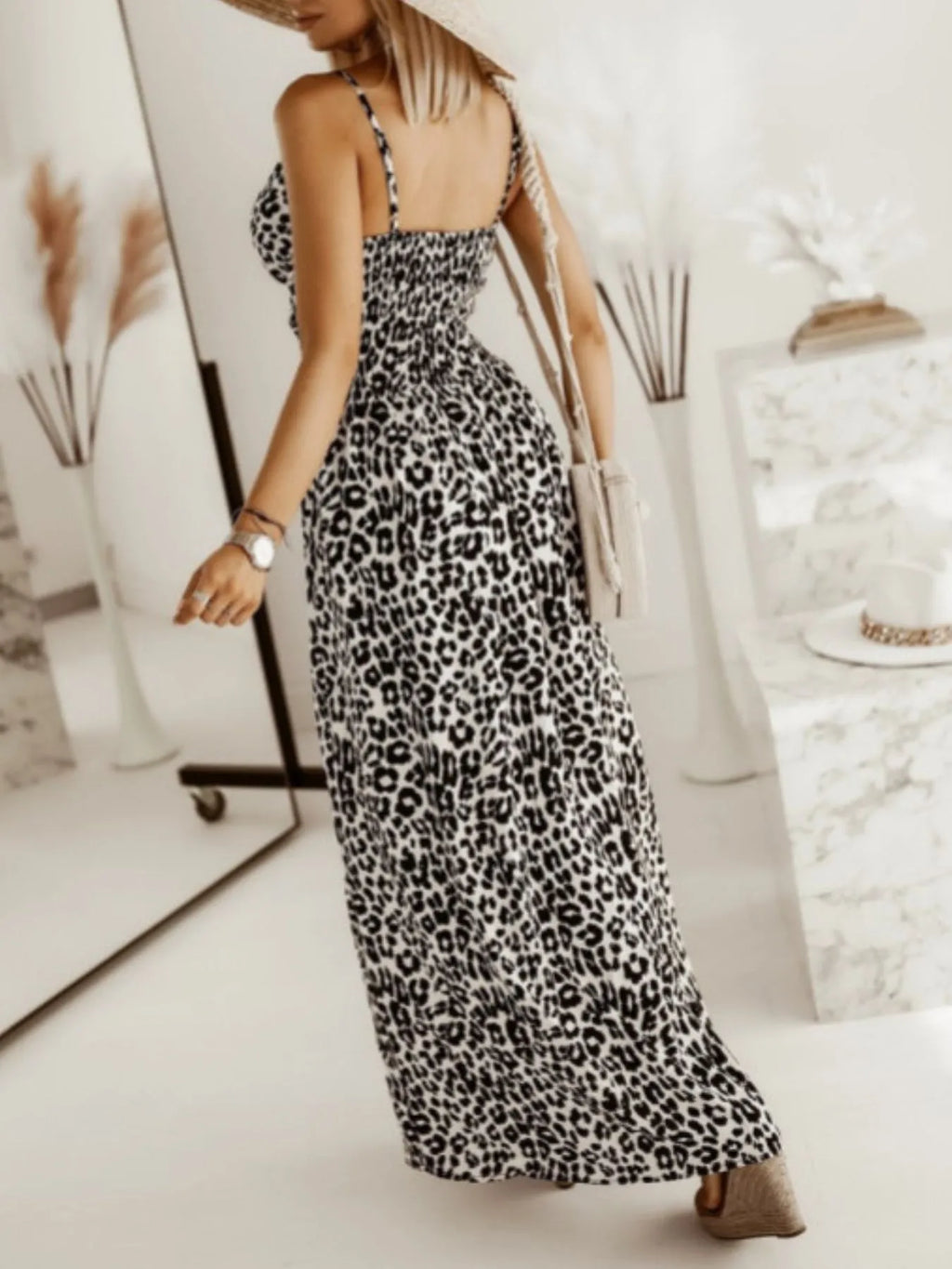 Leopard Print Spaghetti Strap Summer Maxi Dress