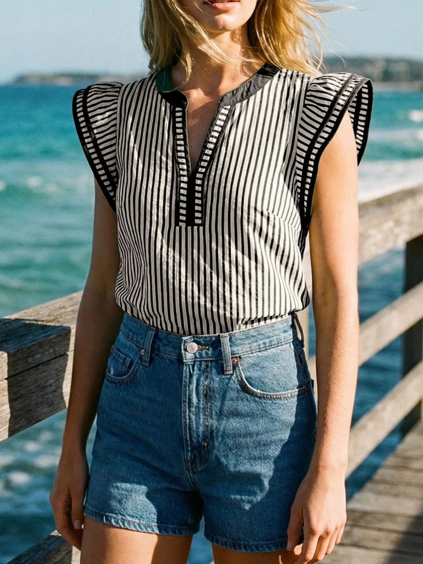Striped Ruffle Sleeve Blouse