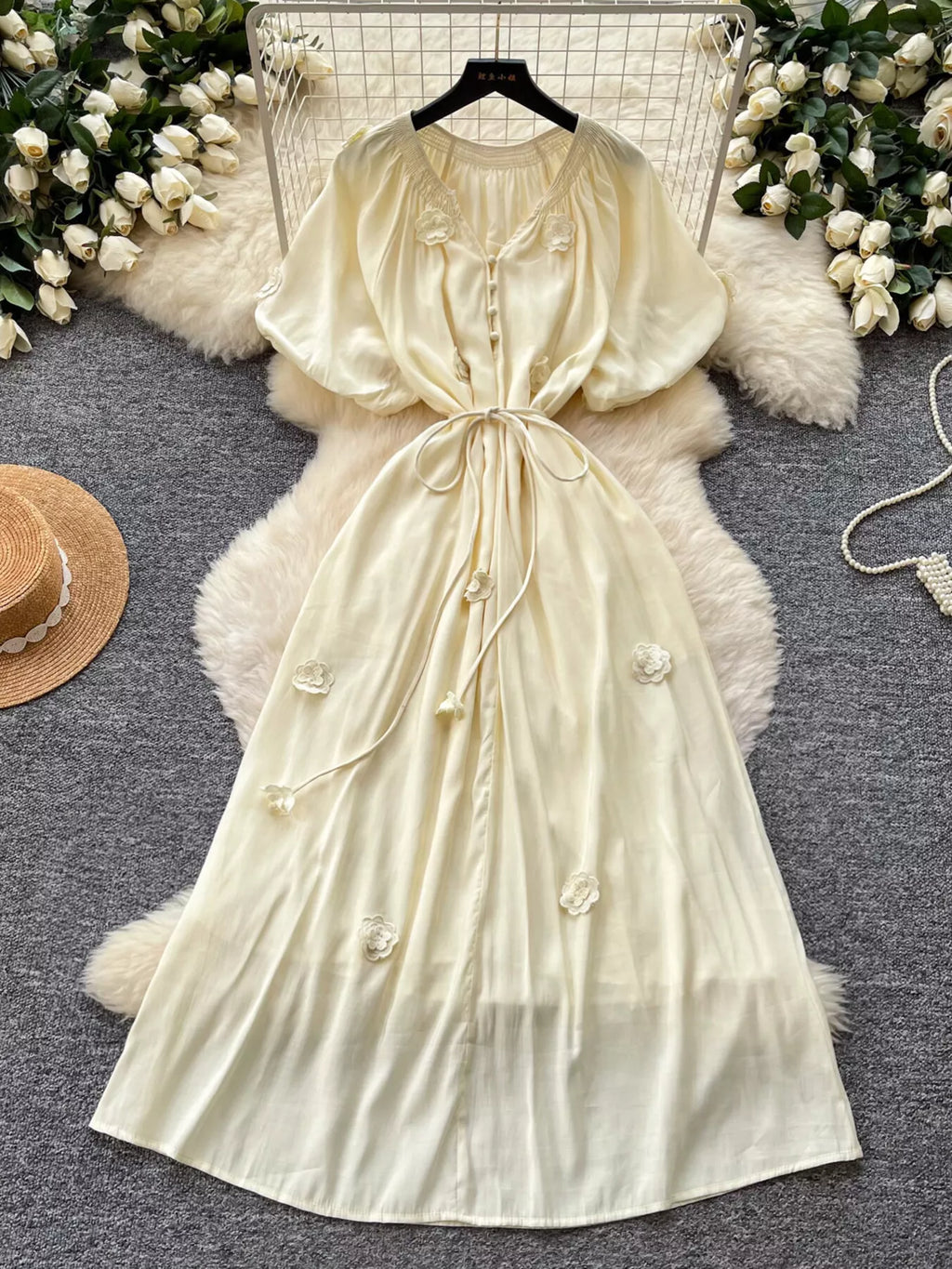 Floral Decor Tie Waist Puff Sleeve Dress