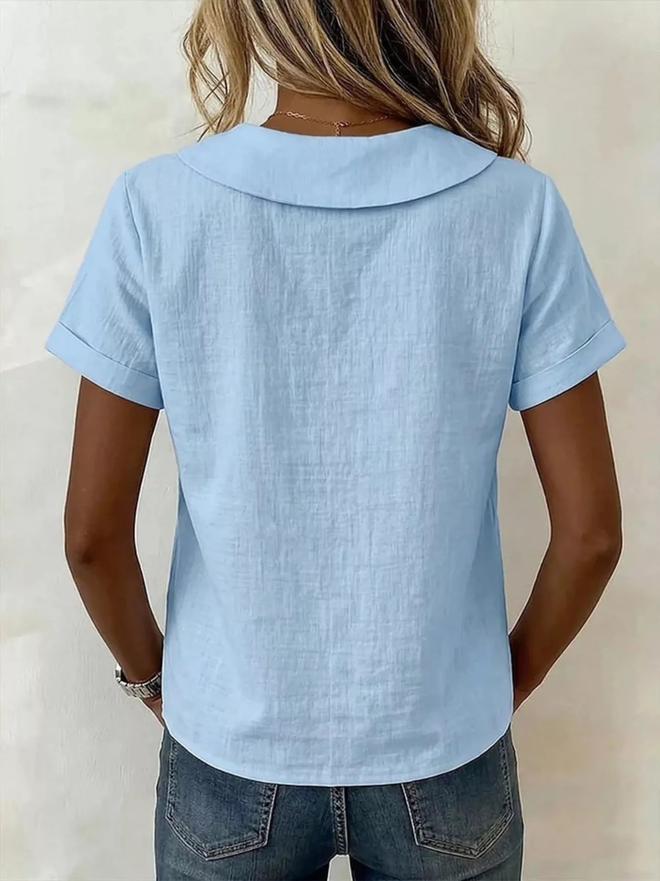 Peter Pan Collar Pearl Button Short Sleeve Shirt