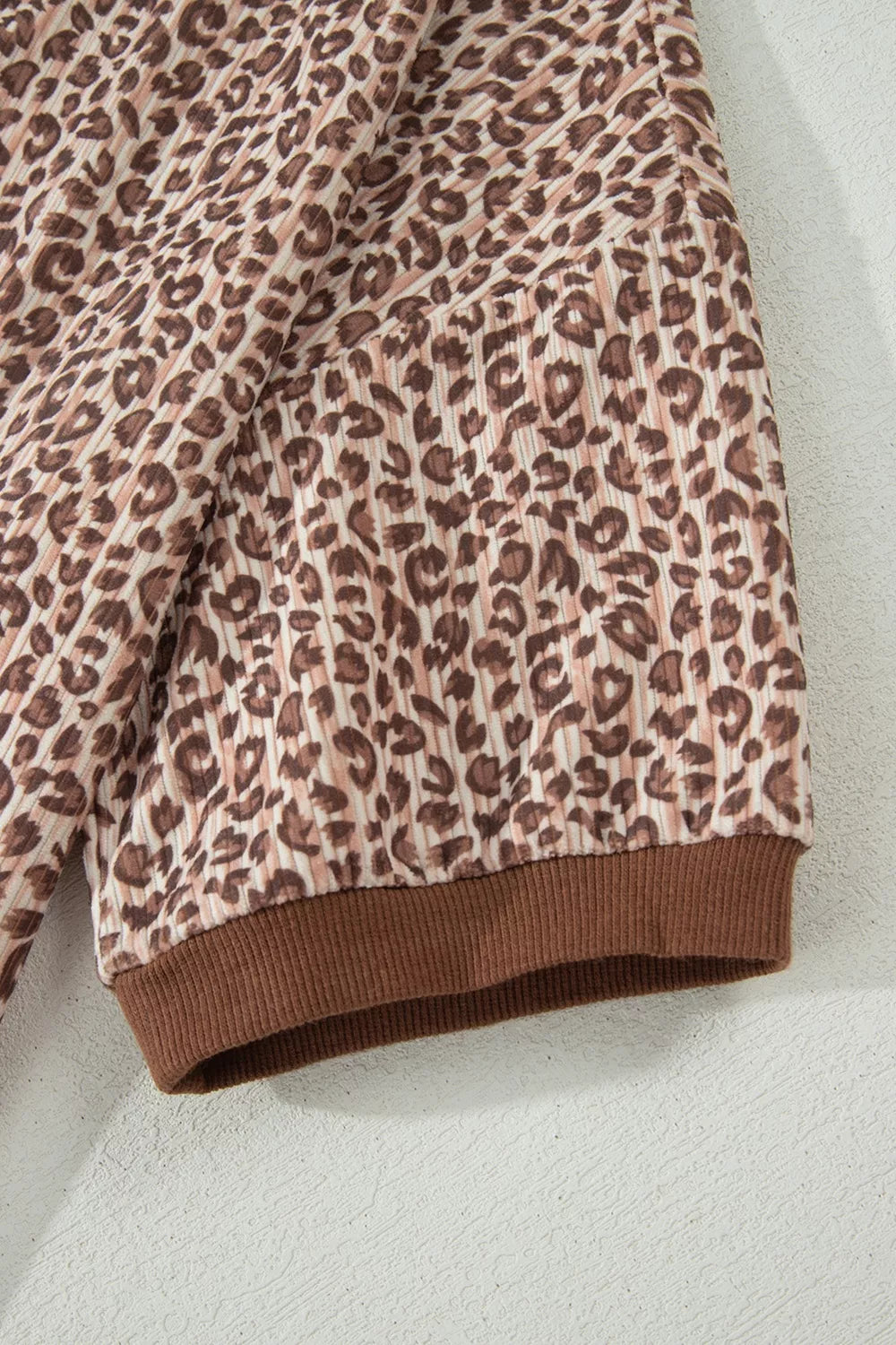 Leopard Print Ribbed Patchwork Half Button Loose Tee Elastic Waist Short 2pcs Set