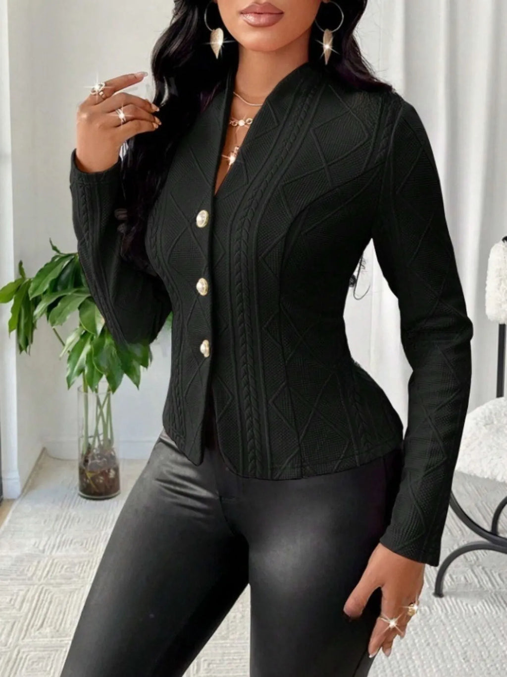 Textured Button Up Long Sleeve Jacket