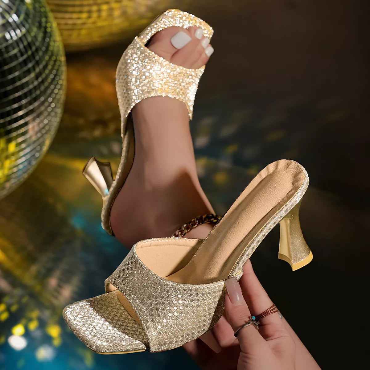 Open Toe Flare Heel Sandals