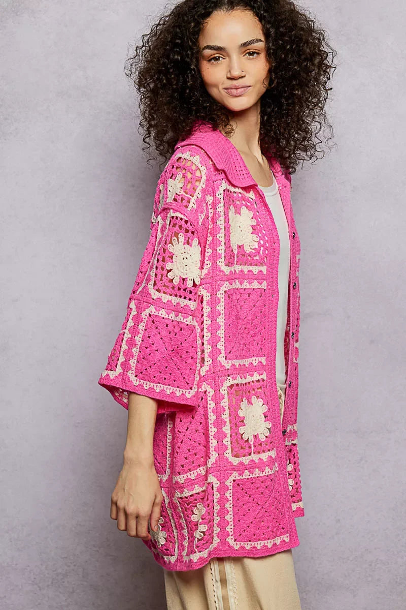 POL Button Down Openwork Floral Crochet Shirt with Granny Square Pattern