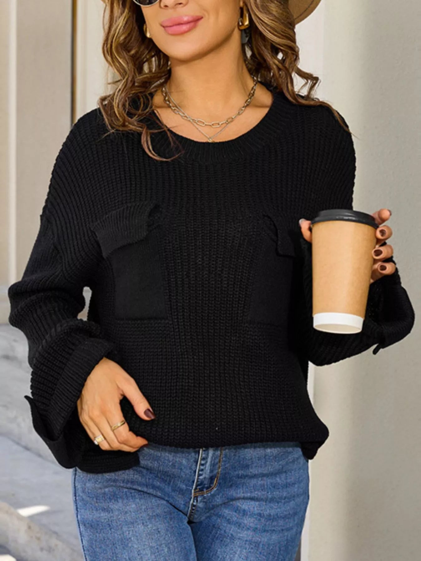 Pocket Detail Round Neck Sweater