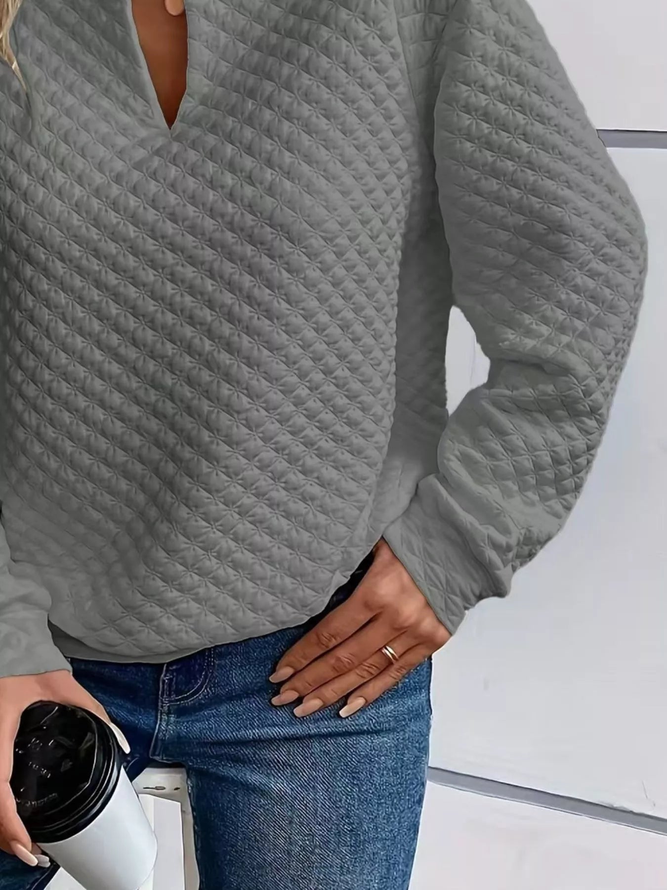 Textured Notched Raglan Sleeve Sweatshirt