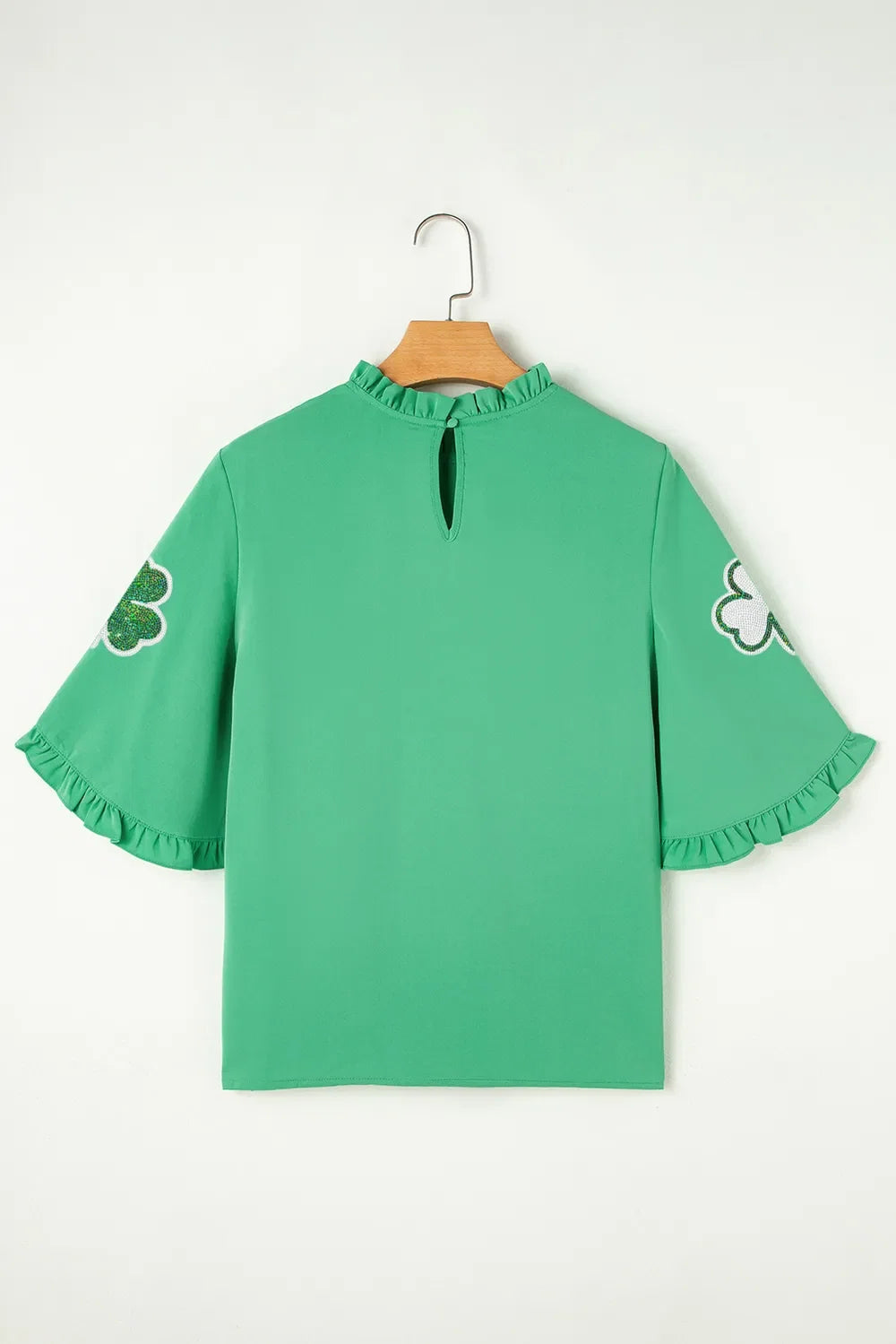 Sequin Clover Graphic Ruffled Trim Bell Sleeve St Patrick Blouse