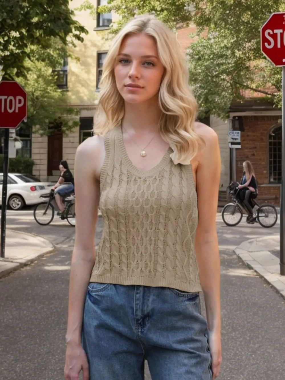 Cable-Knit V-Neck Knit Tank