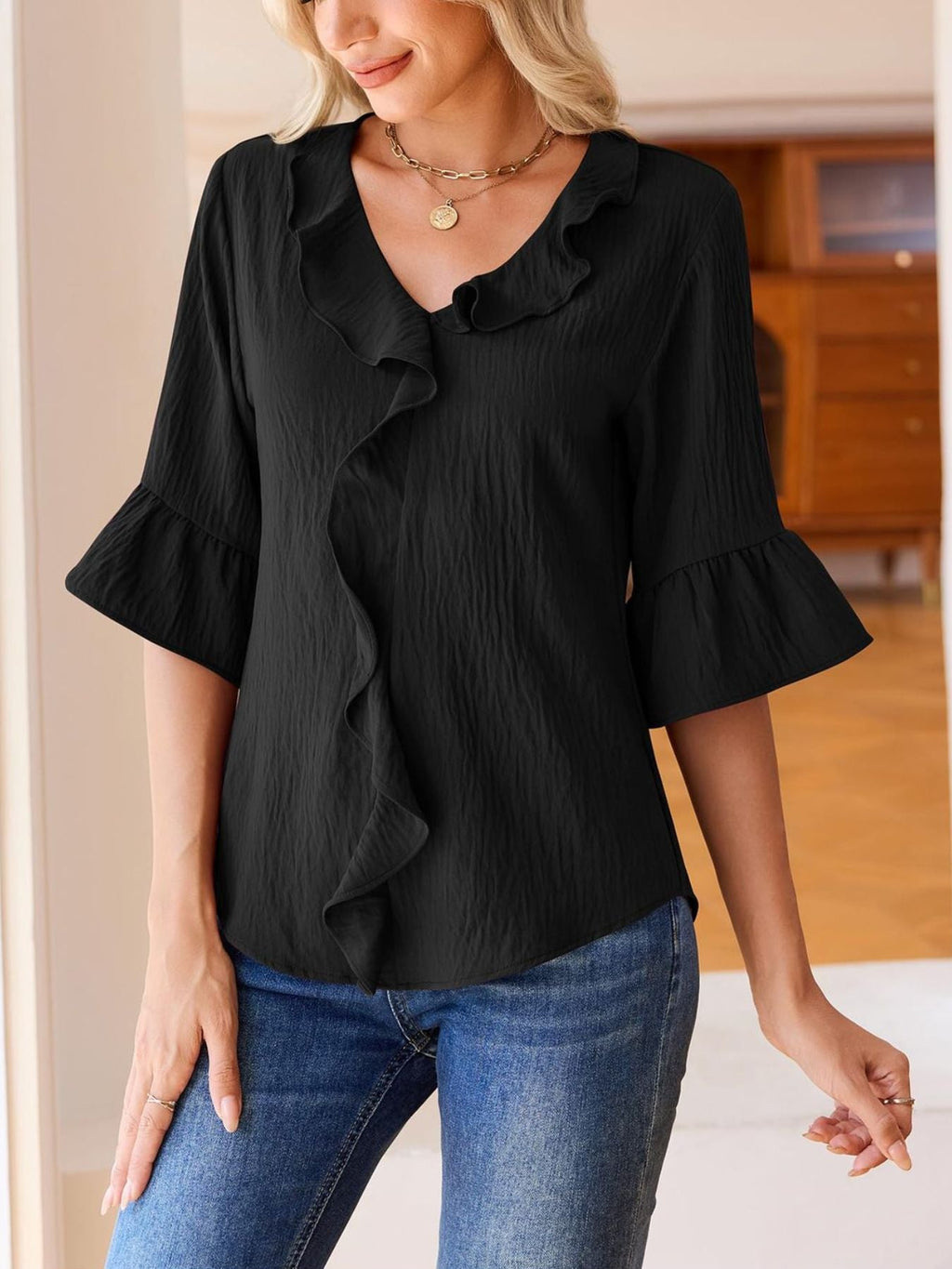 Ruffle V-Neck Flounce Sleeve Blouse