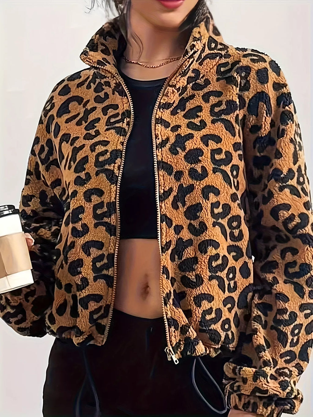 Leopard Fleece Zip-Up Jacket