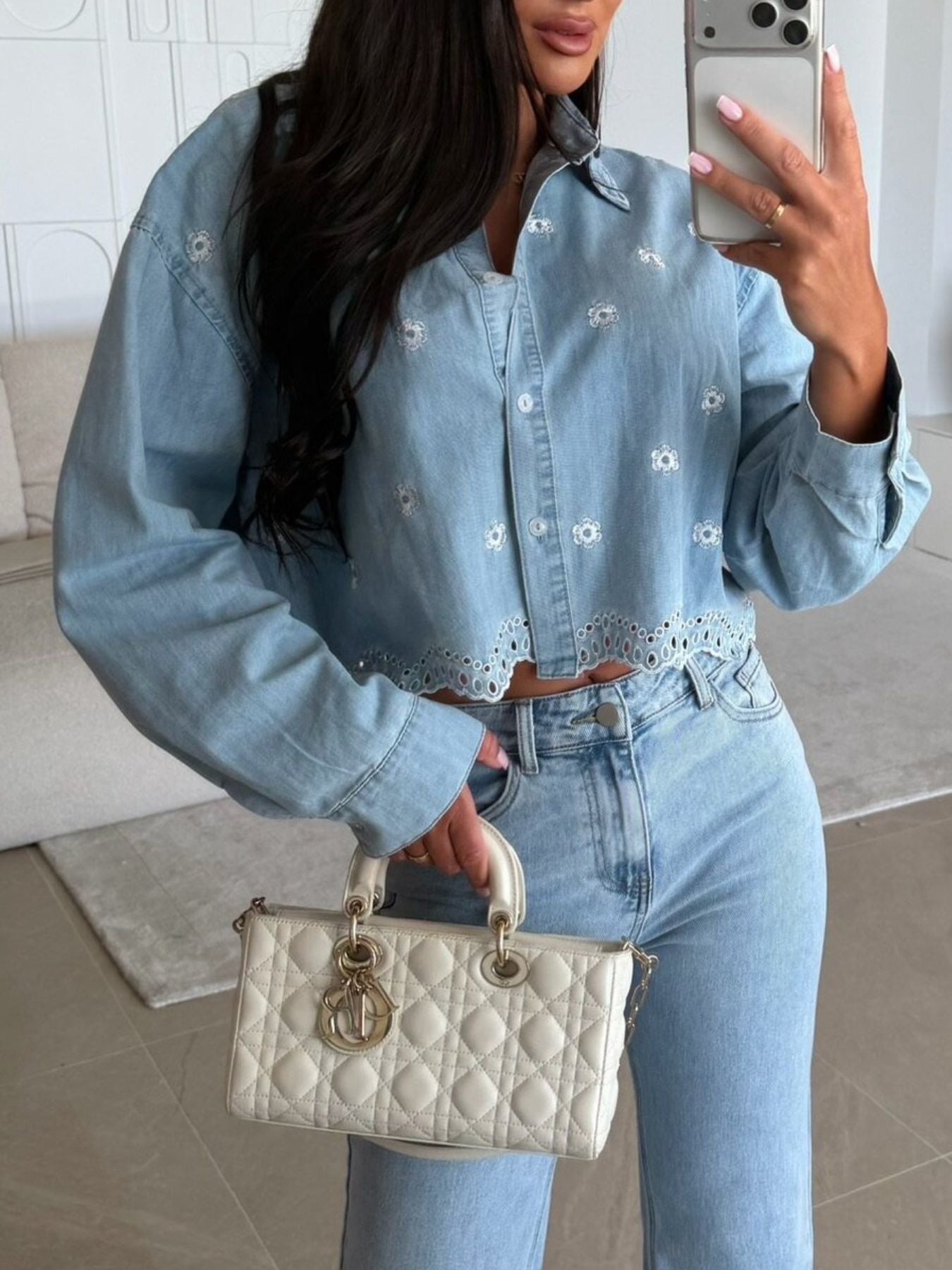 Embroidered Cropped Denim Shirt
