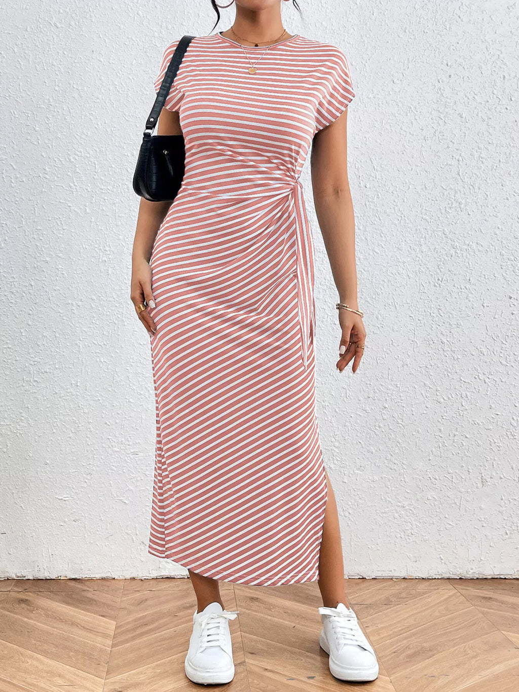 Striped Tie Side Casual Midi Dress