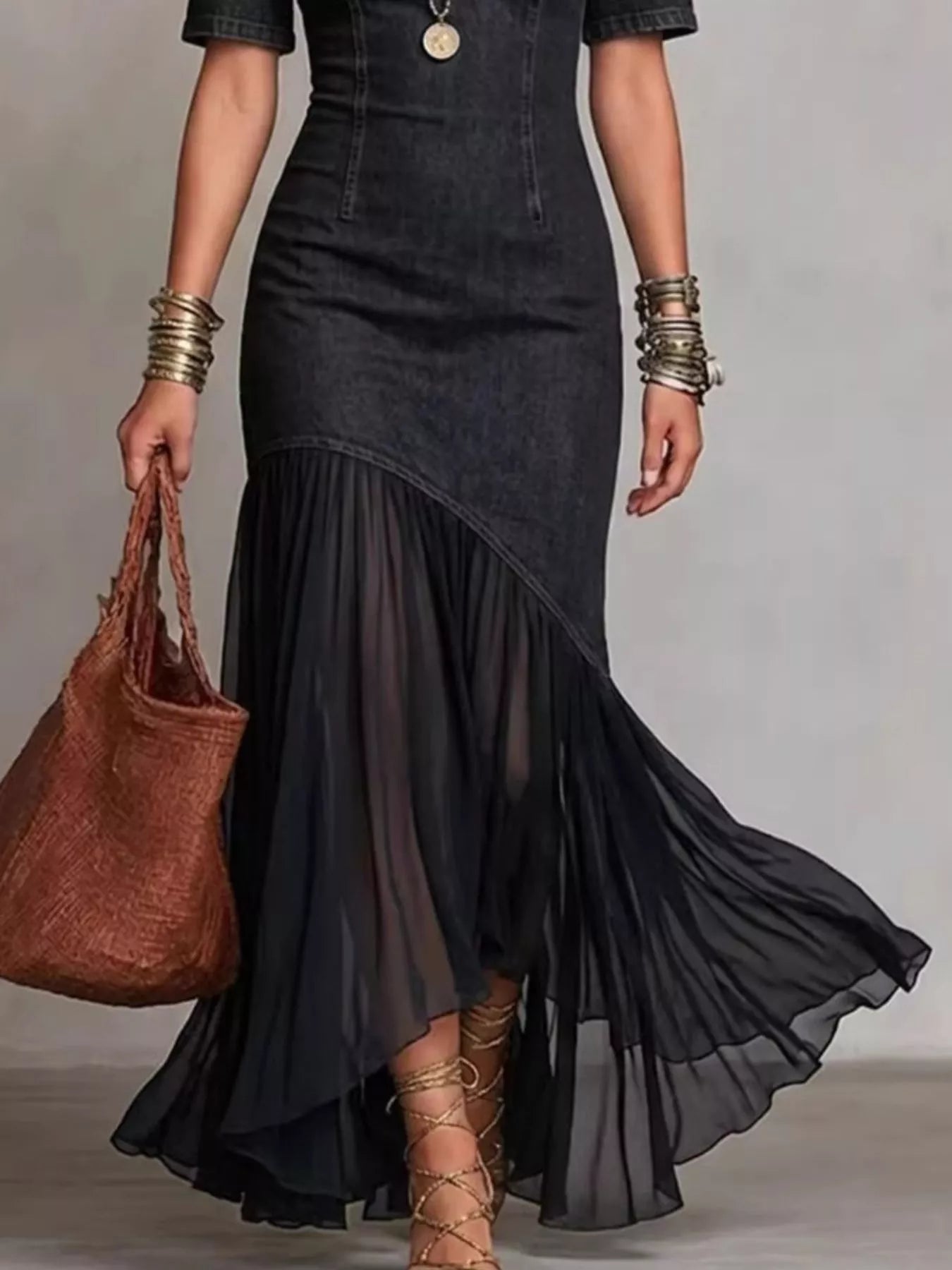 Mock Neck Cold Shoulder Ruffle Hem Maxi Dress