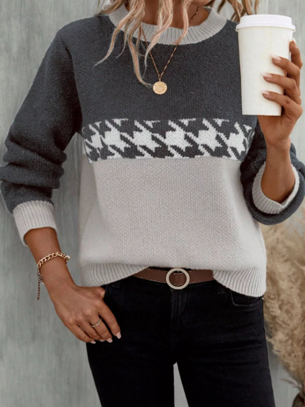 Color Block Houndstooth Sweater