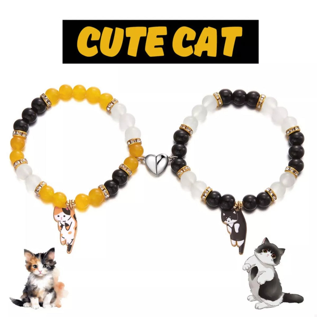 2 Piece Beaded Cat Charm Bracelet