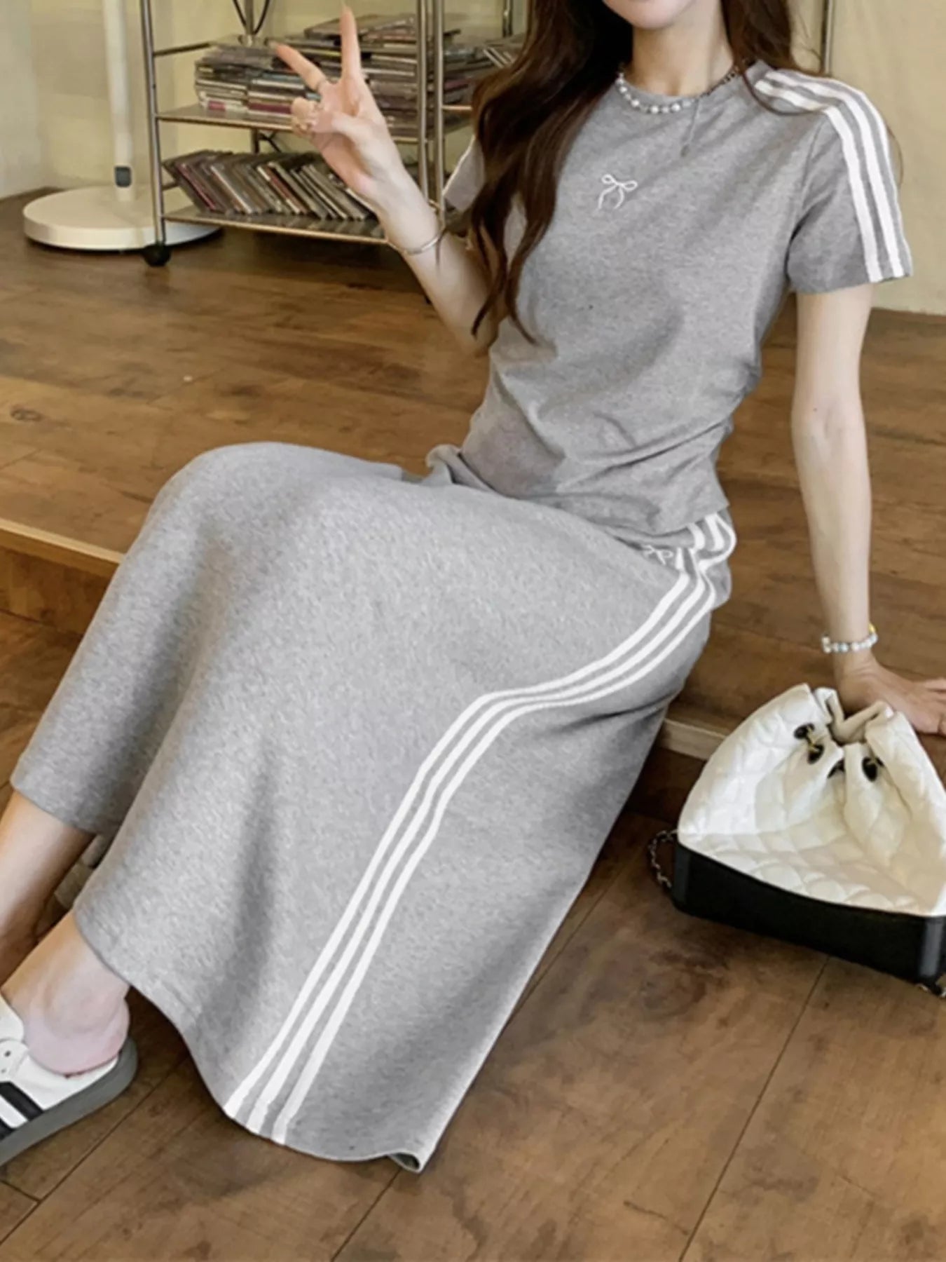 Striped Round Neck Tee and Skirt Set
