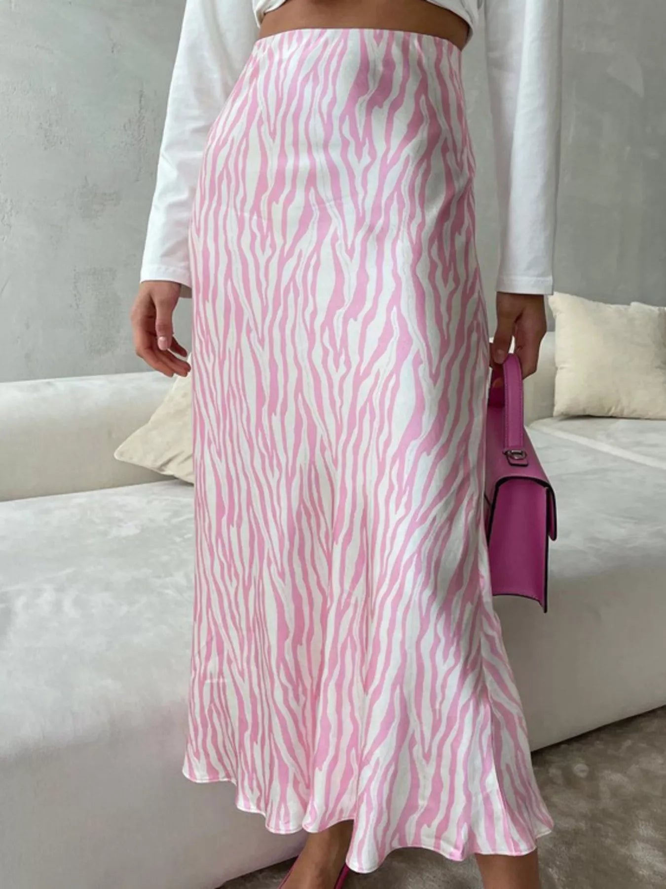 Satin Zebra Print Midi Skirt