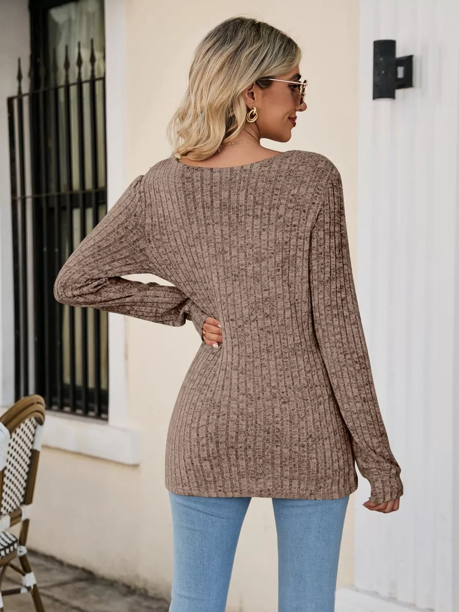 Ribbed Square Neck Long Sleeve T-Shirt