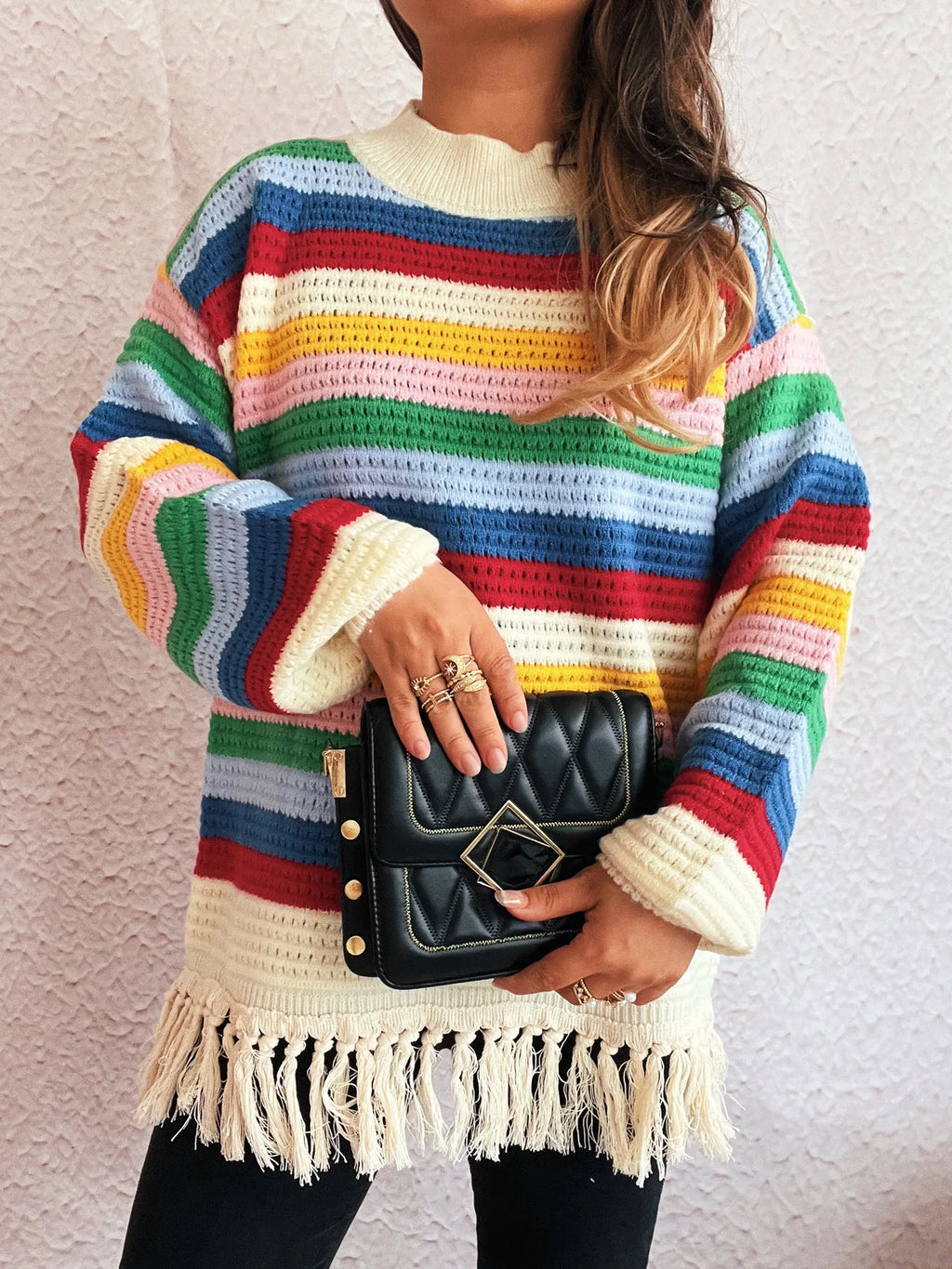 Tassel Rainbow Striped Long Sleeve Sweater