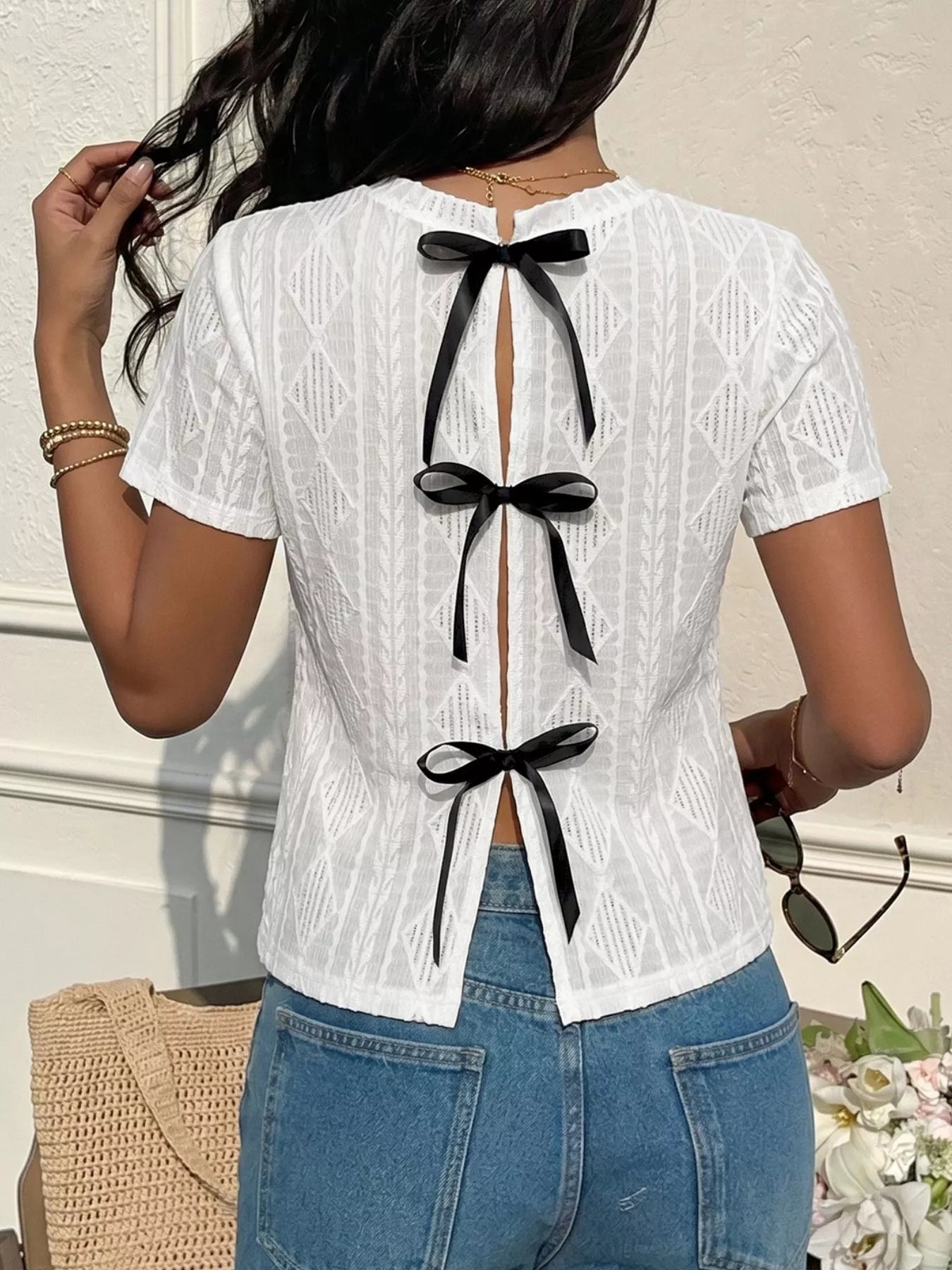 Textured Bow Back Knit T-Shirt