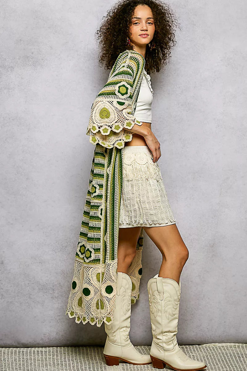 POL Striped and Floral Pattern Crochet Longline Cardigan