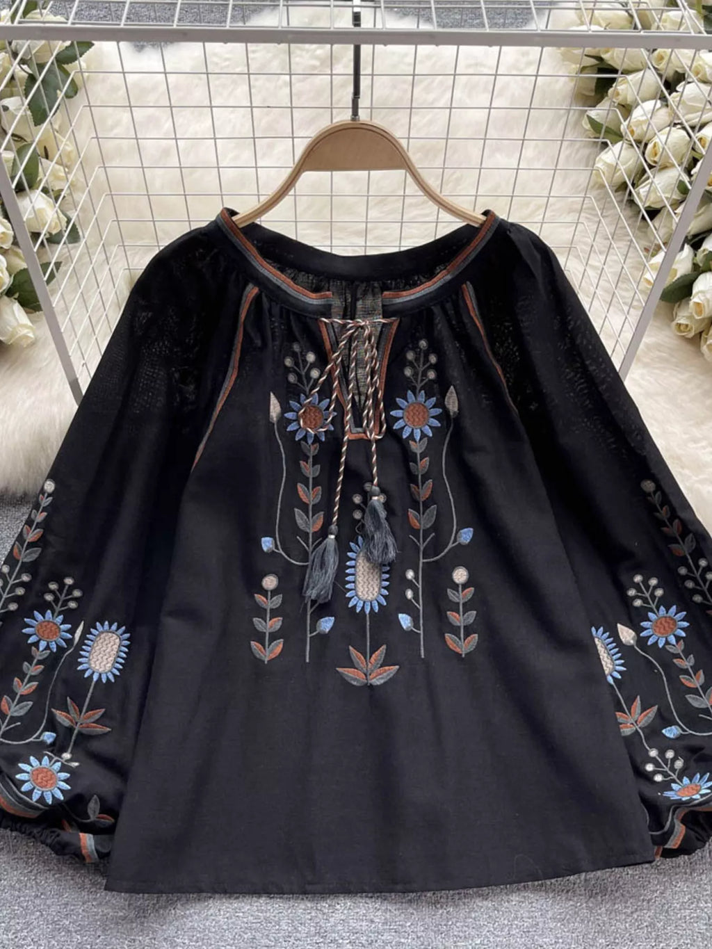 Embroidered Tie Neck Blouse