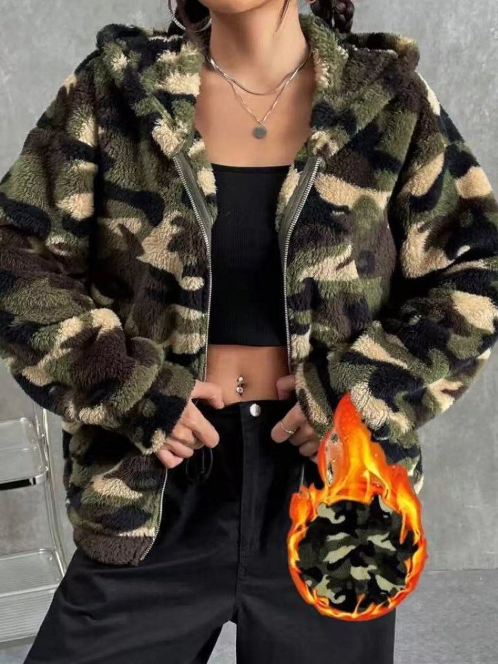 Fuzzy Camo Zip-Up Hoodie