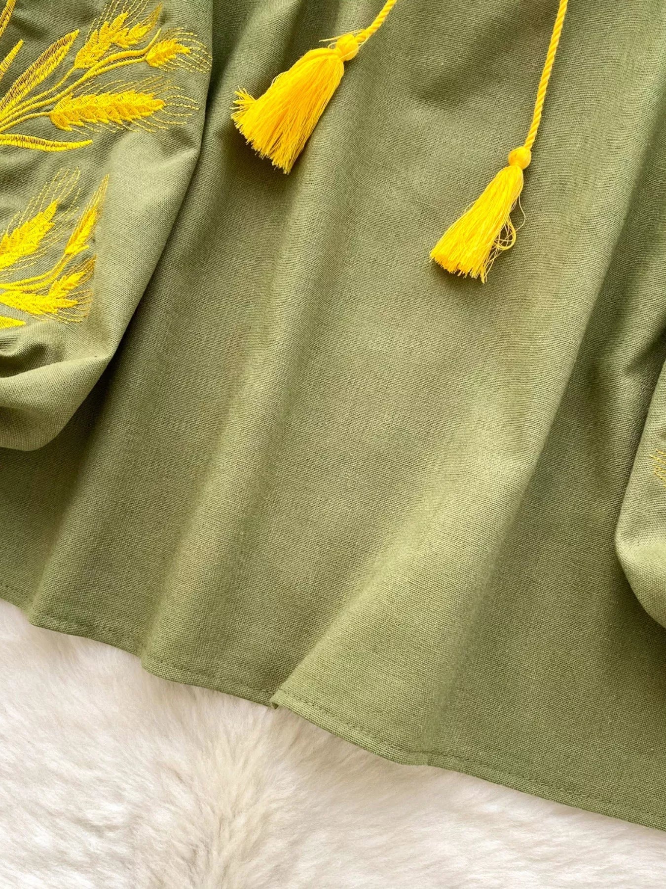 Embroidered Wheat Pattern Tie Neck Blouse