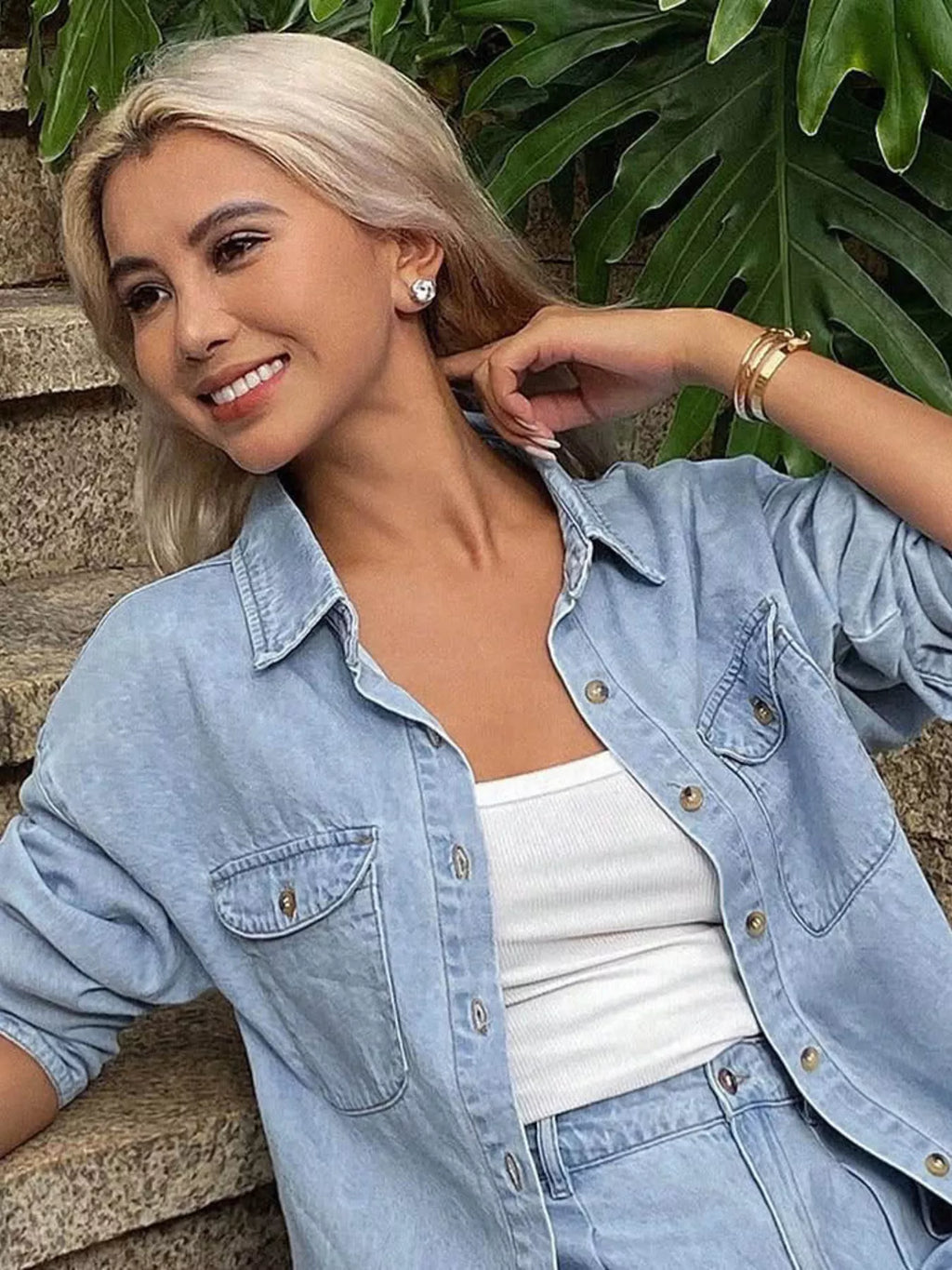 Button Up Long Sleeve Shirt and Shorts Denim Set