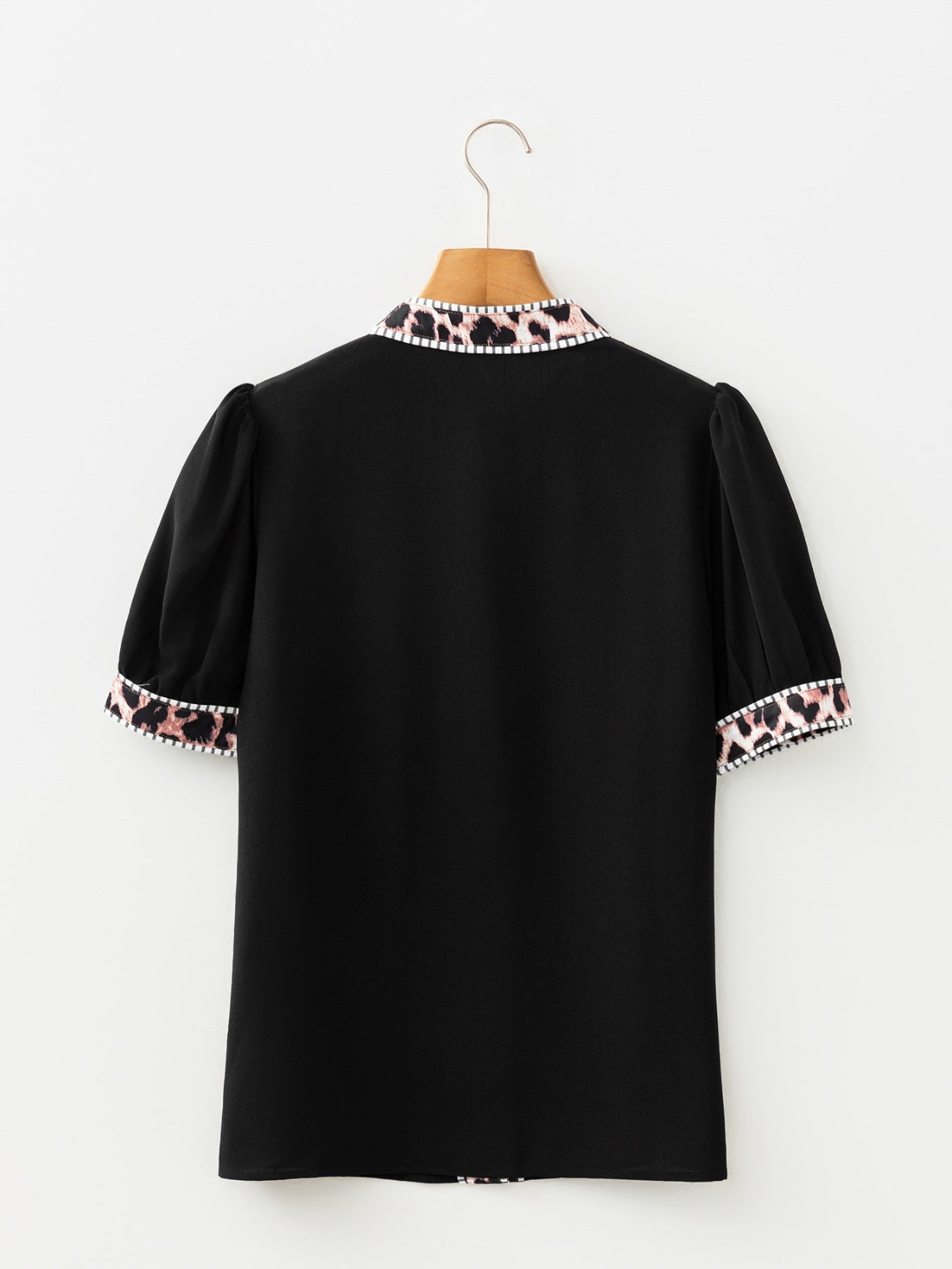 Leopard Trim Puff Sleeve Blouse