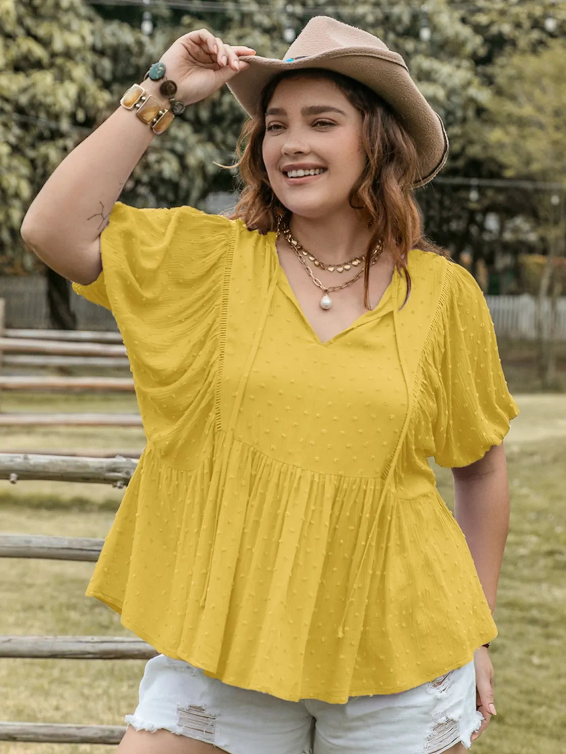 Swiss Dot Tie Neck Short Sleeve Blouse