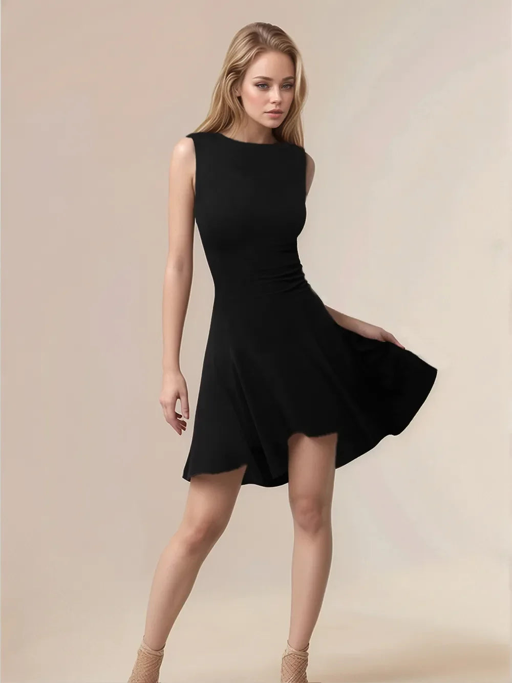 High-Low Round Neck Sleeveless Mini Dress