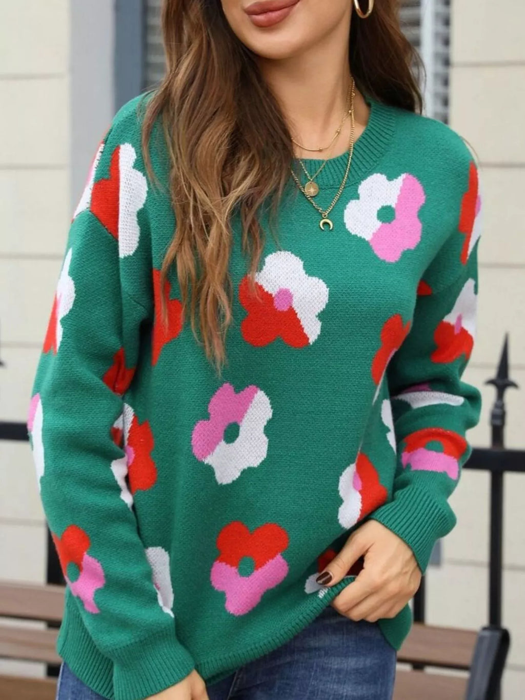 Floral Crew Neck Long Sleeve Sweater